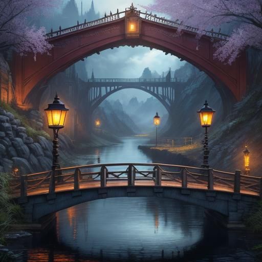 Kerosene Lamp Illuminates Spring Bridge: Matte Painting