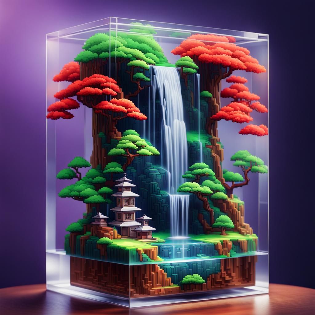 Bonsai Waterfall in Jewel: 8-bit Pixel Art