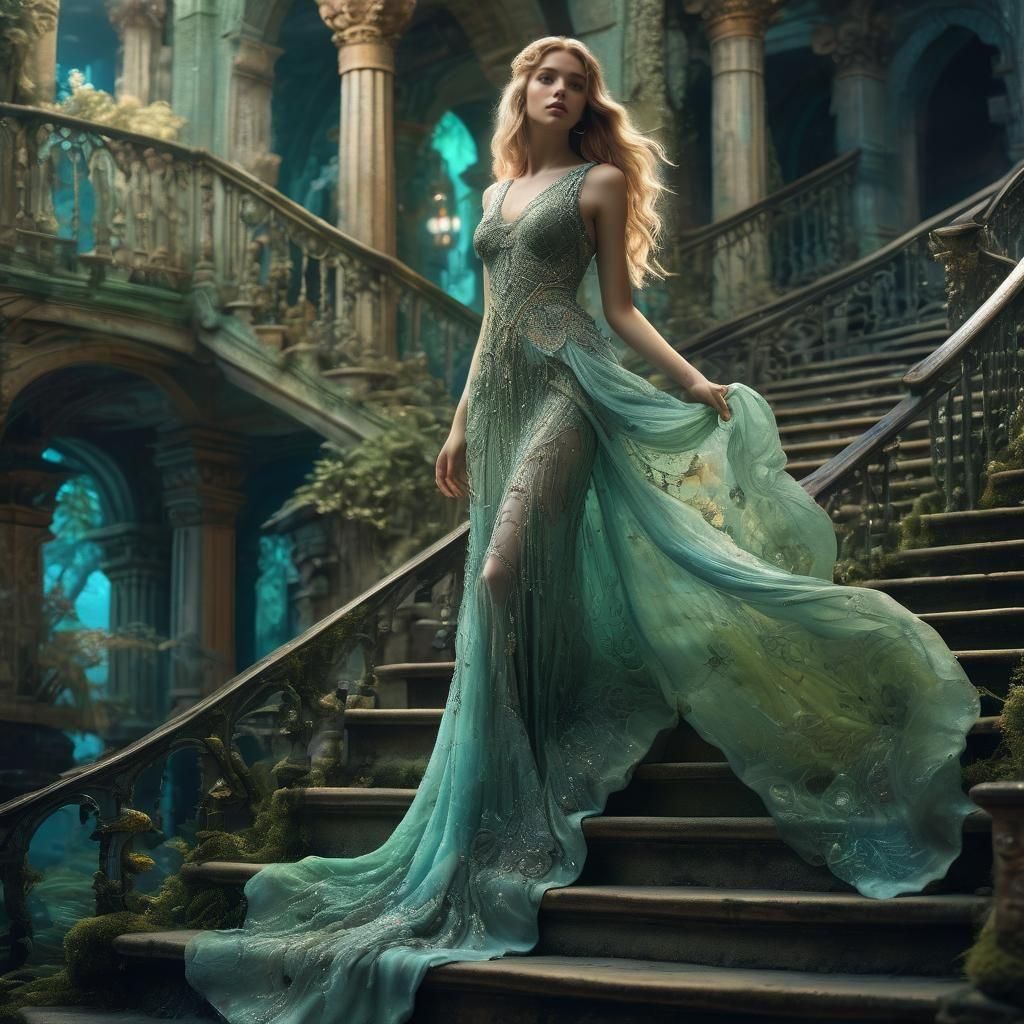 Woman on Mossy Steps of Underwater Atlantis