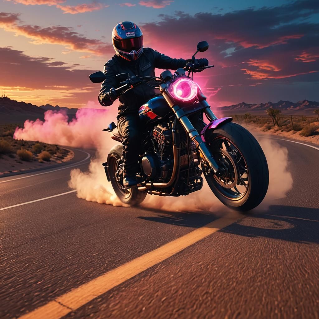 Motorcycle on Desert Highway in Neon Noir Style