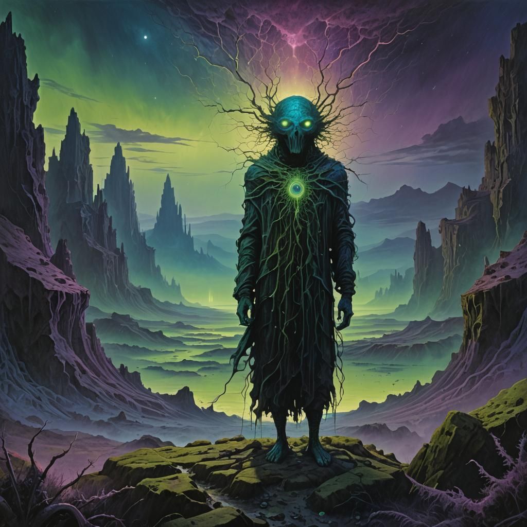 Surreal Bioluminescent Figure in Dark Landscape