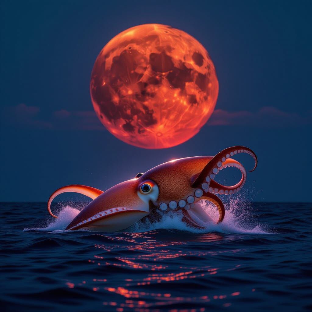 Giant Squid Emerges Under a Blood Moon