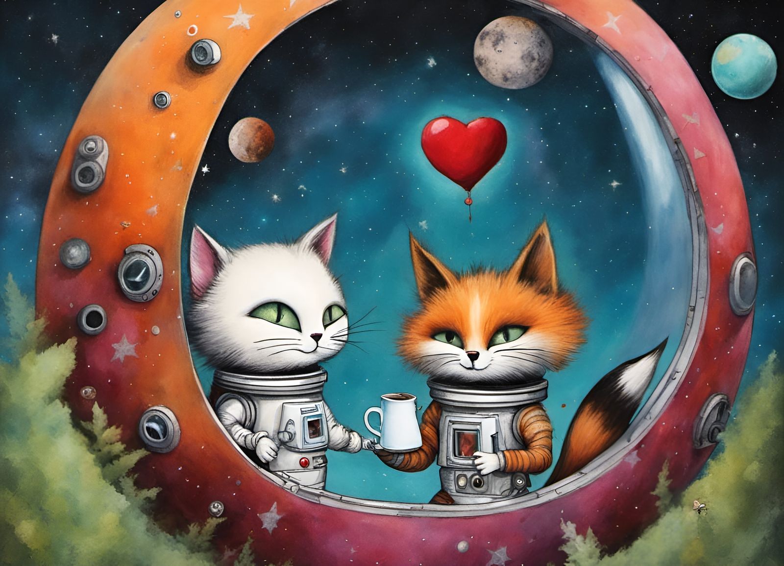 A Cat and a Fox in a space orb.