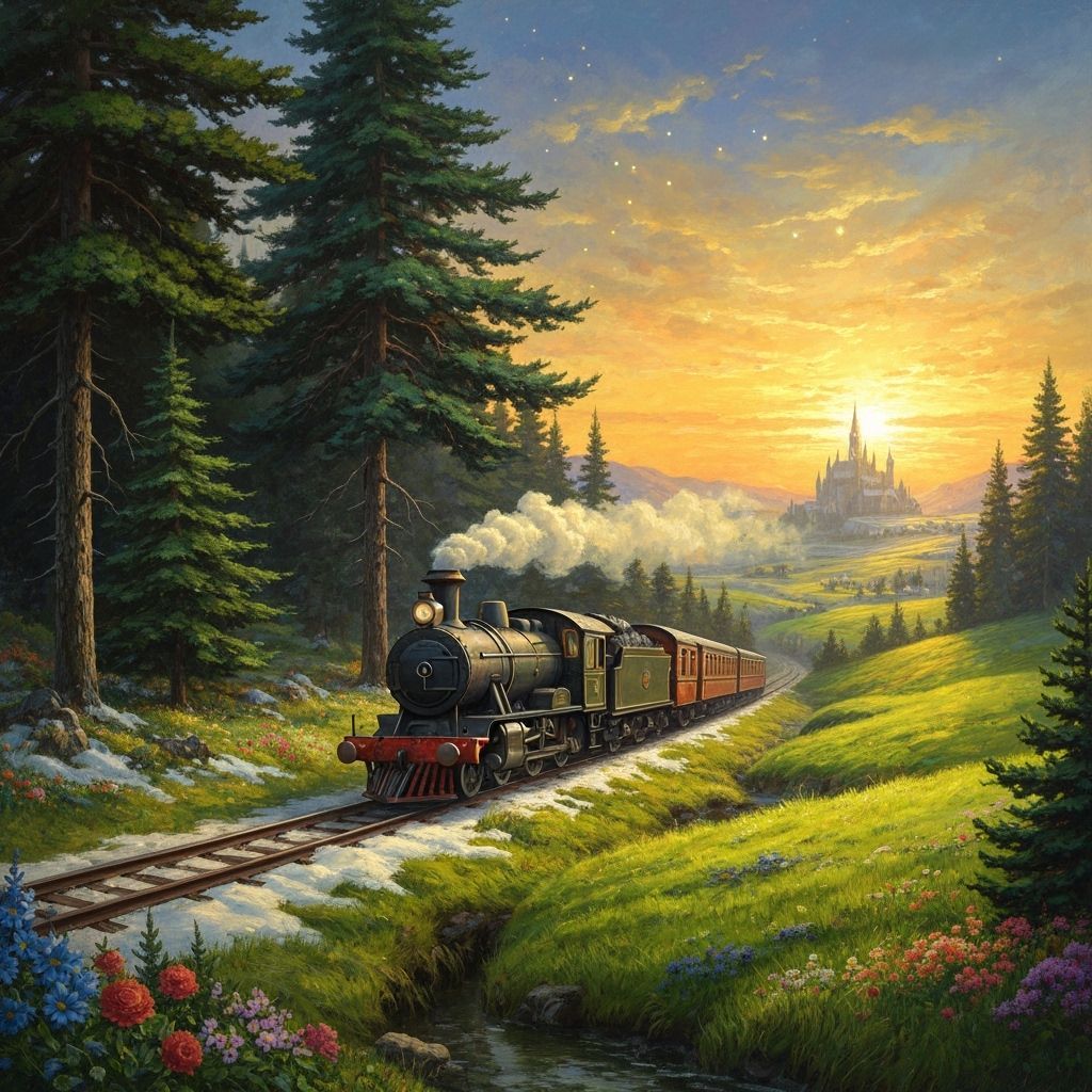 Magical Winter Train Sunset Landscape Painting