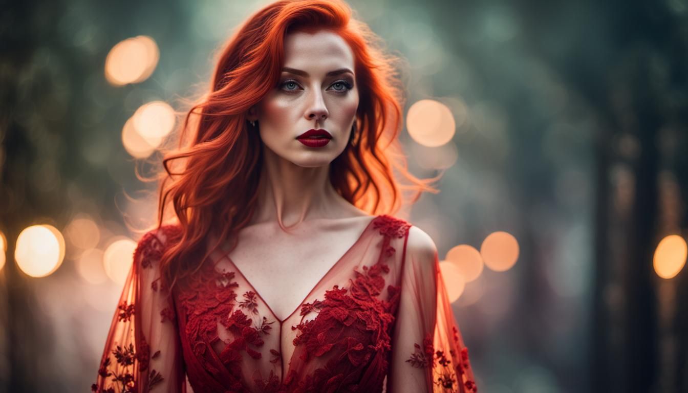 Sensual Redhead in Sheer Dress: Hyperrealistic Portrait