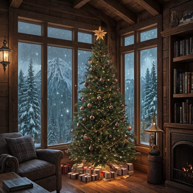 Christmas Library in Snowy Montana Cabin