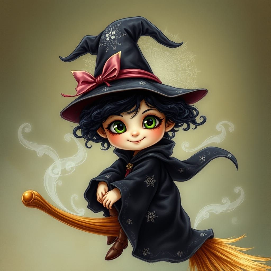 Whimsical Witch Rides Vintage Broom in Fantastical Style