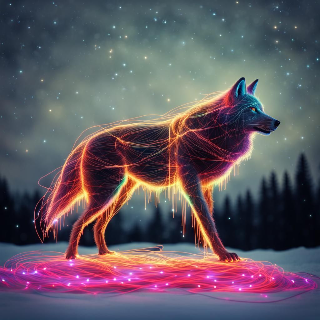 Neon String Wolf Silhouette in Long Exposure