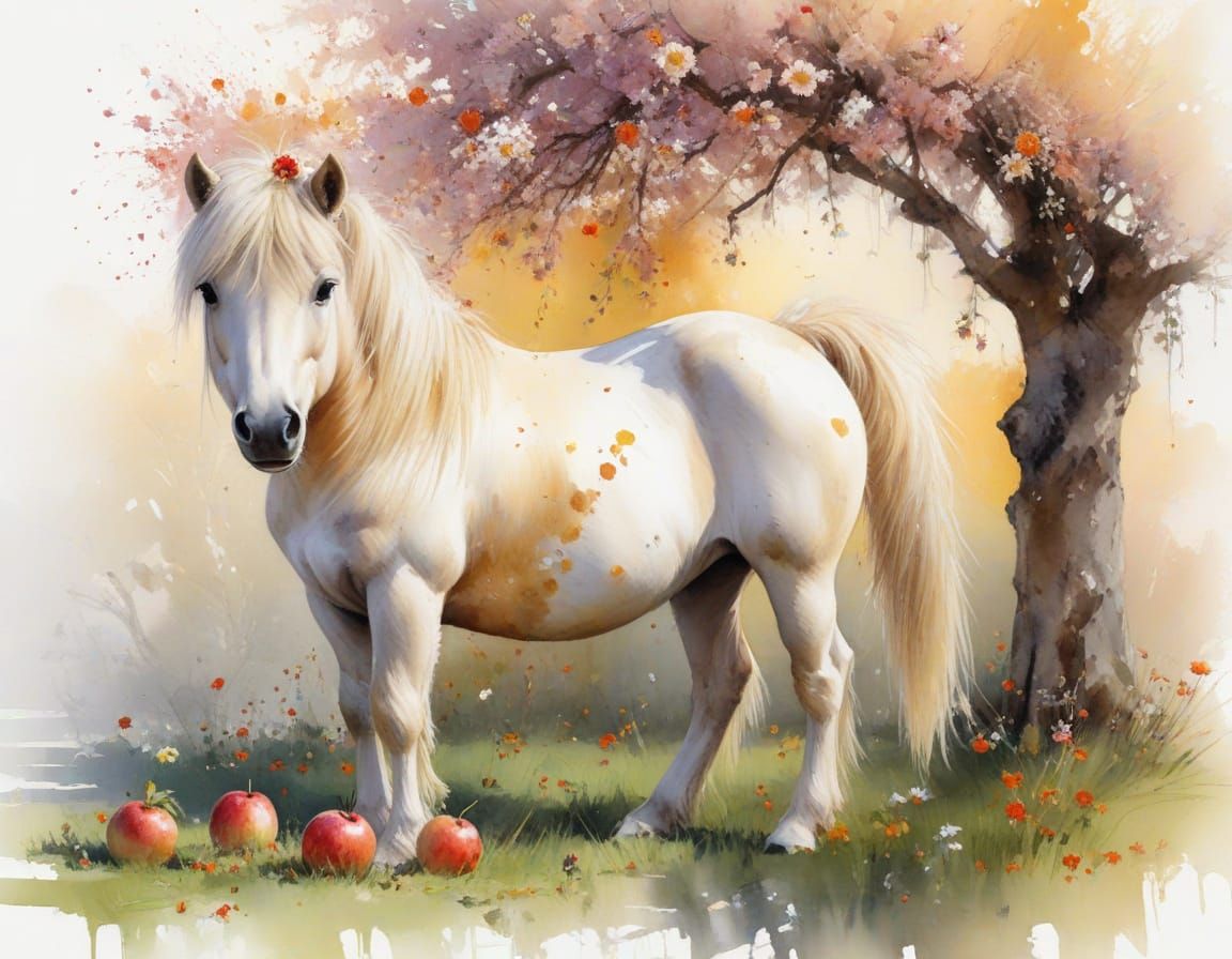 Shetland Pony Grazing Under Blooming Apple Tree in Golden Li...