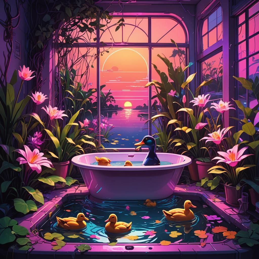 Synthwave Ducks in Tub with Neon Lights