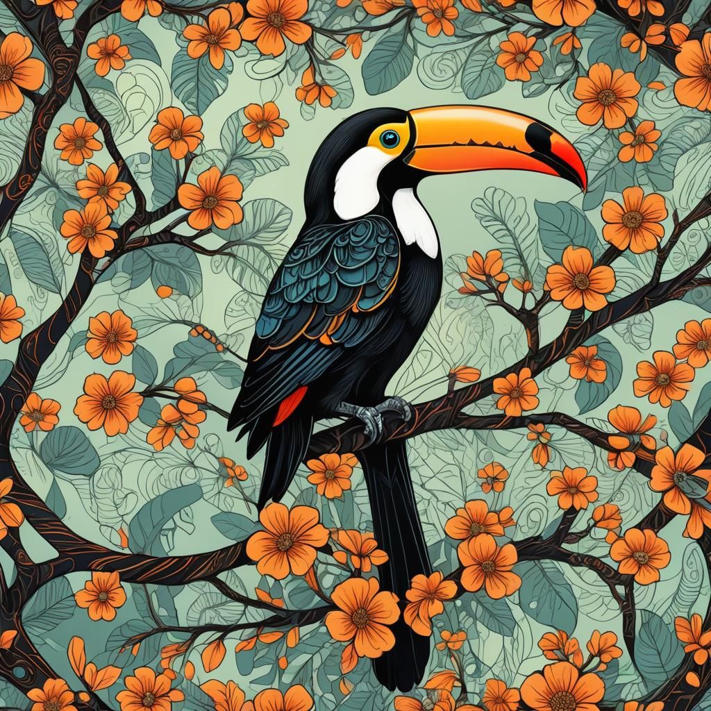 Whimsical Toucan on Branch with Flowers Vector Illustration