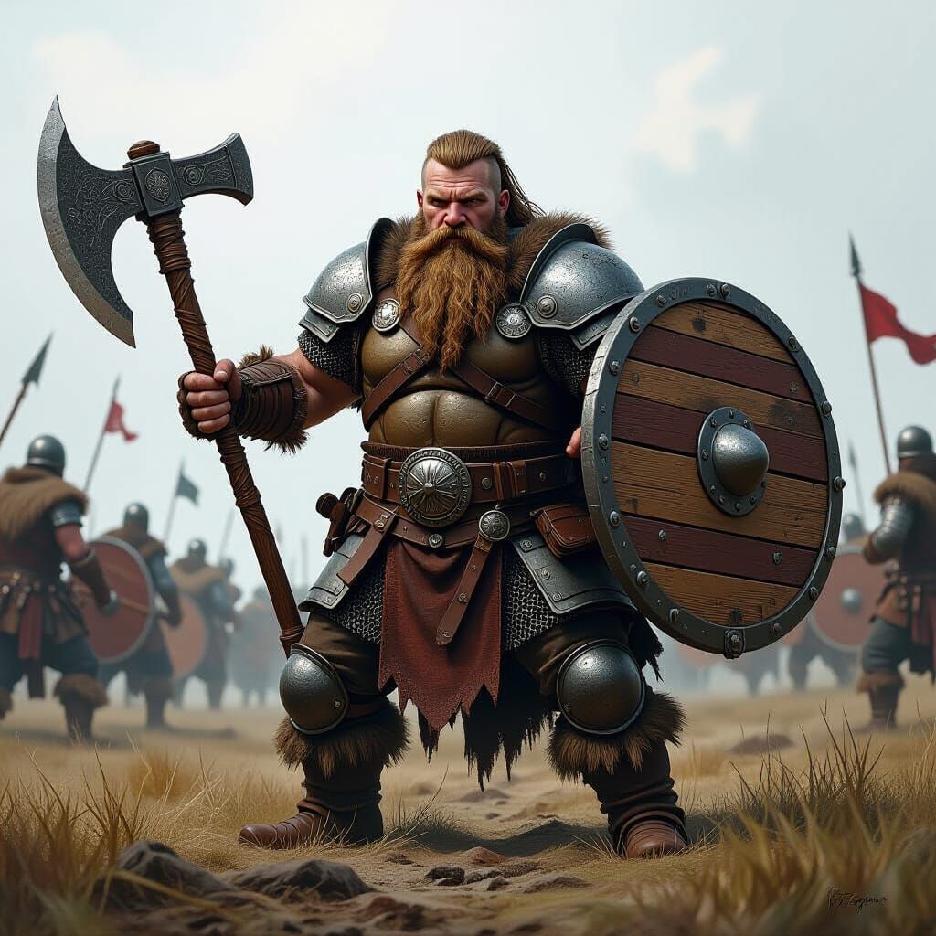 Dwarf Warrior with Battleaxe and Shield on Battlefield