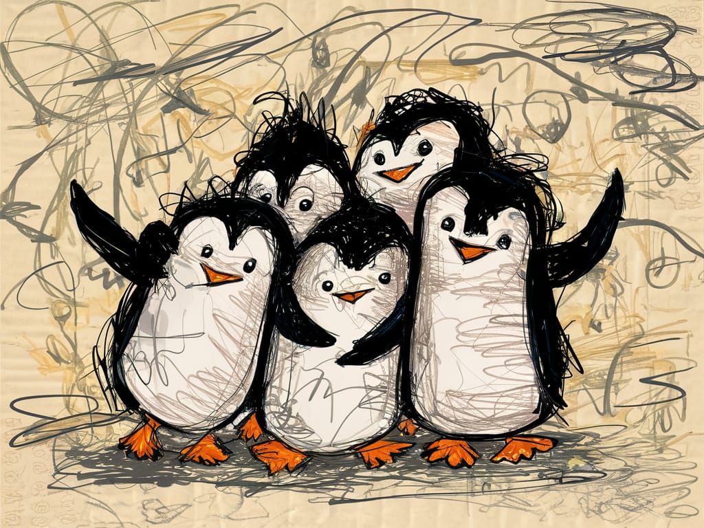 Whimsical Penguin Scribbles on Napkin, Child's Drawing