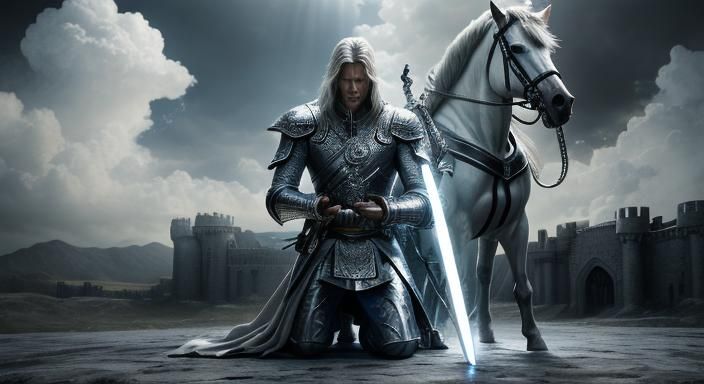 Chrome Warrior Praying Outside Mystical Castle