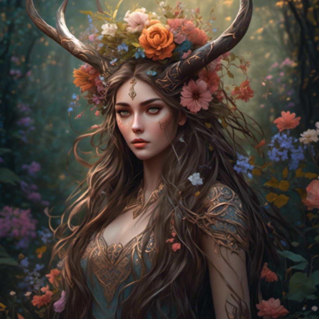Ethereal Woodland Fae with Horns and Flowers