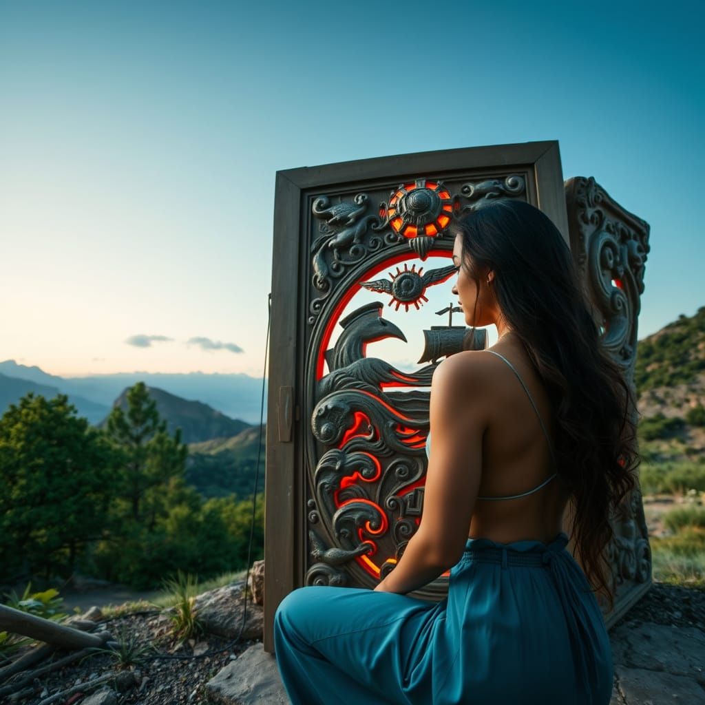 Woman Builds Ornate Doorframe with Mountain View