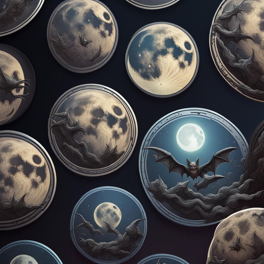 Moon and Bats Graphic Stickers in Fantasy Art
