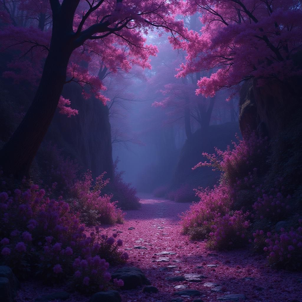 Purple Flowers Adorn Hills in Neo-Romantic Style