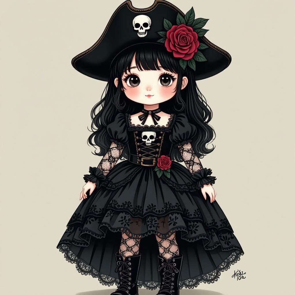 Little Pirate Captain in Lace Dress, Anime Style