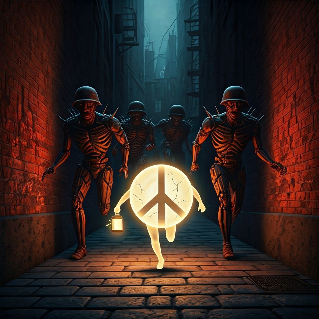 Peace Symbol Flees War Symbols in Surreal Urban Chase