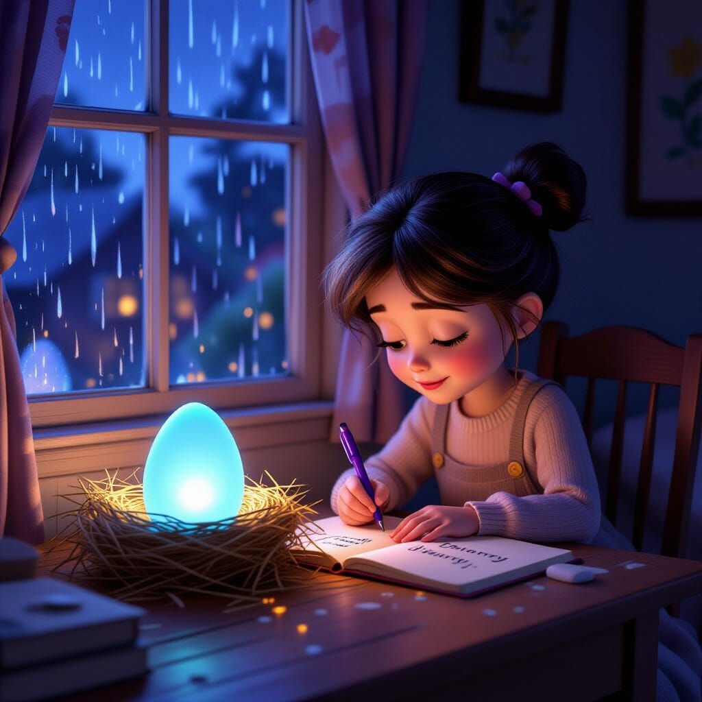 Cozy Bedroom Scene with Girl and Magical Egg