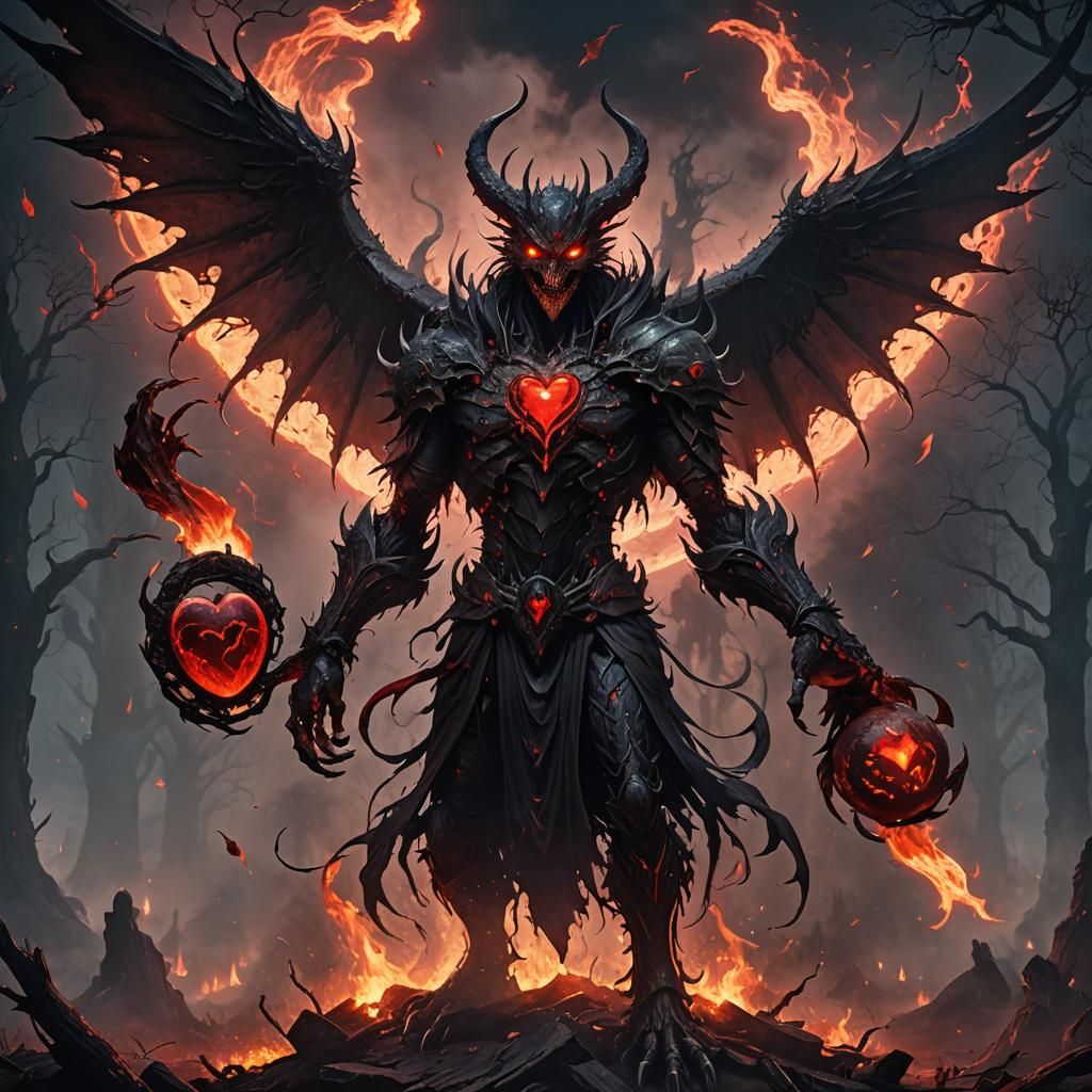 Creepy Shadow Monster with Fiery Wings and Heart