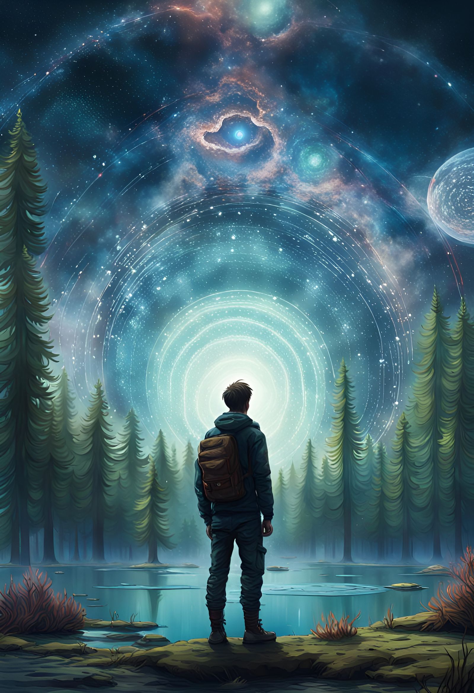 Man at Pond Edge in Hyperrealistic Splash Art