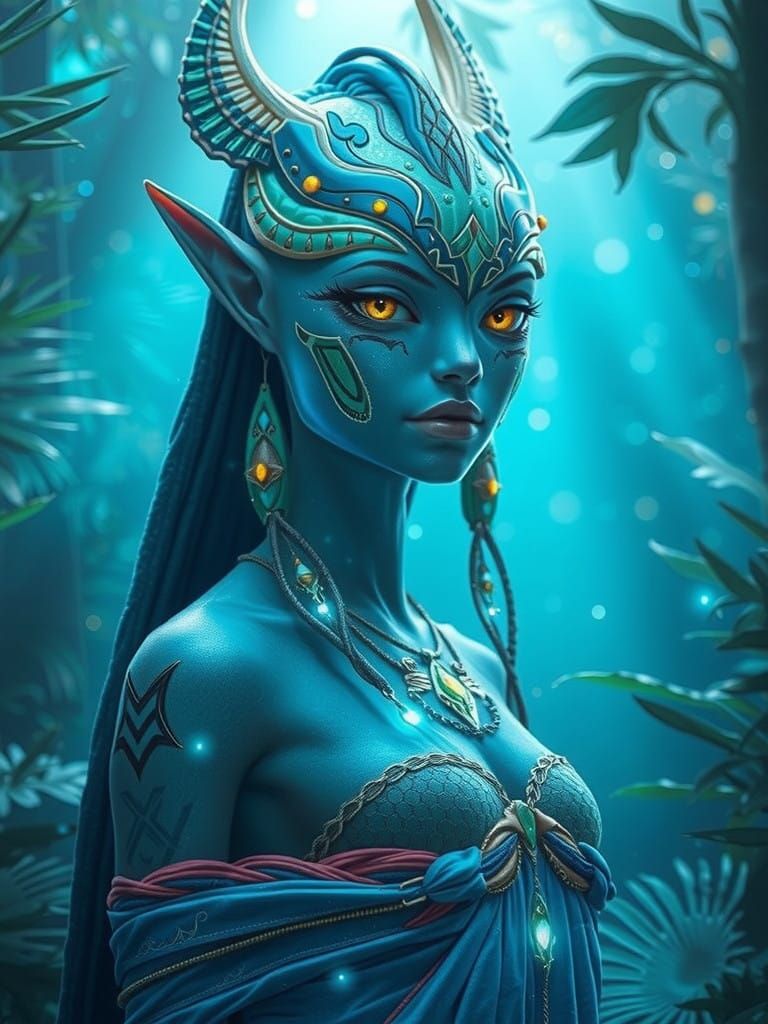 A Navi woman with iridescent, glimmering blue skin, adorned in intricately woven, organic attire crafted from natural fi...