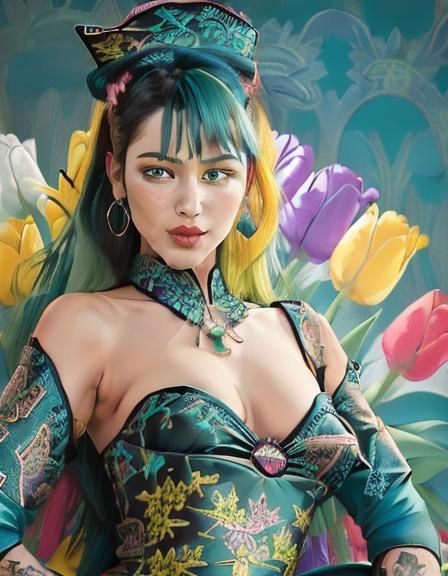 Hyperrealistic Portrait of Woman in Teal and Green Brocade