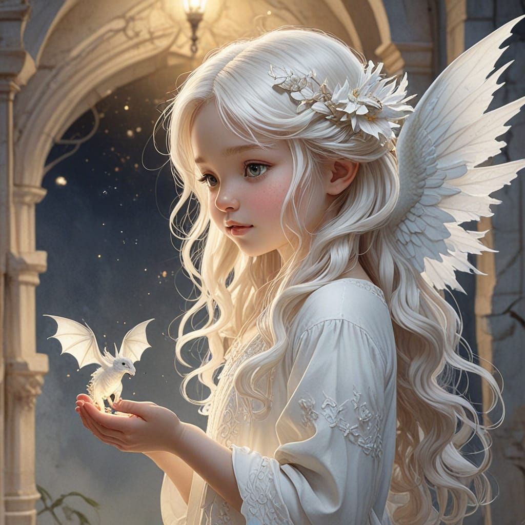 Whimsical Watercolor Girl with Chibi Dragon in Dreamy Backgr...