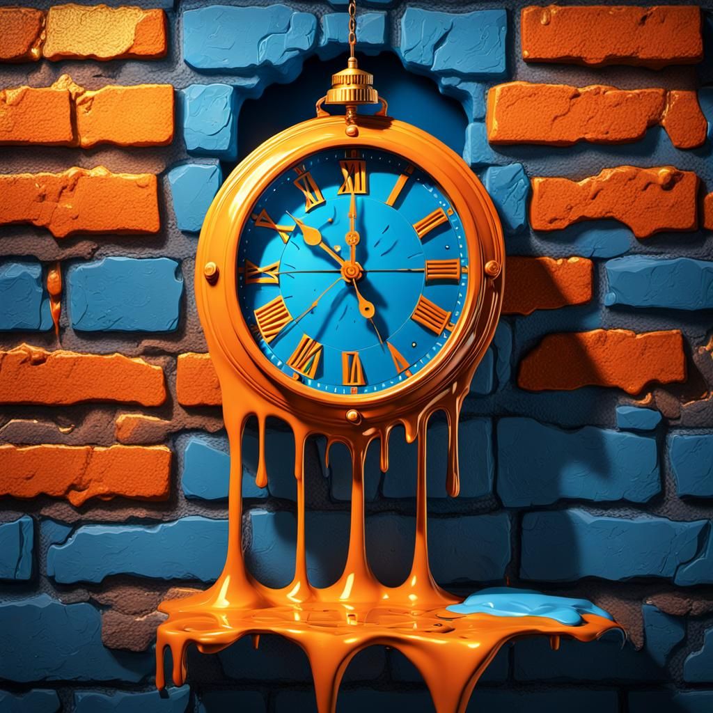 Surreal Melting Clock on Brick Wall, Digital Art