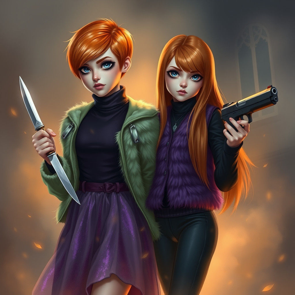 Fantasy Twins in Ethereal Mist Holding Weapons