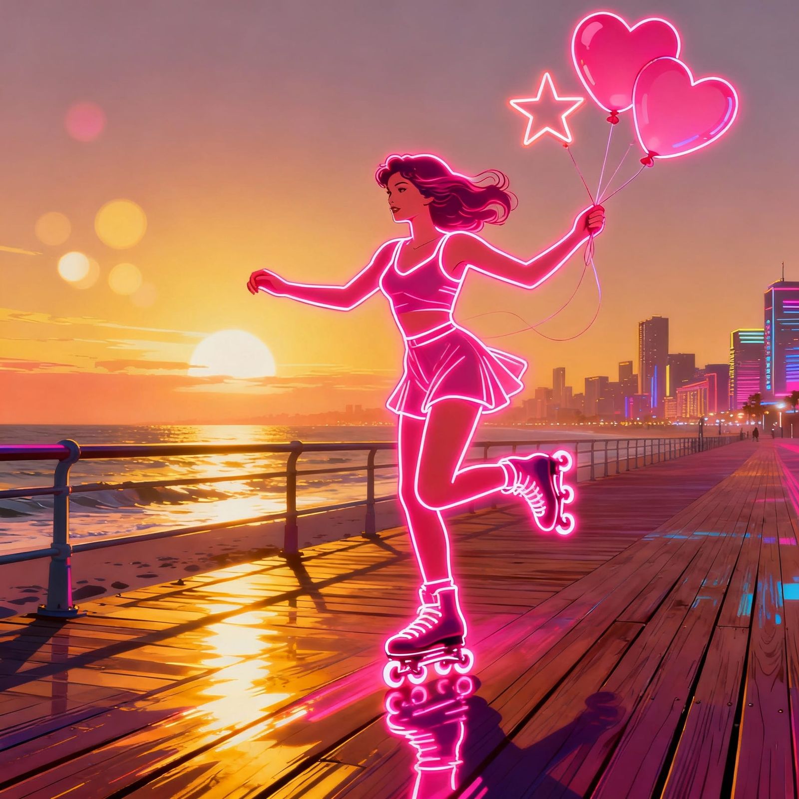 Woman Roller Skating at Sunset Boardwalk