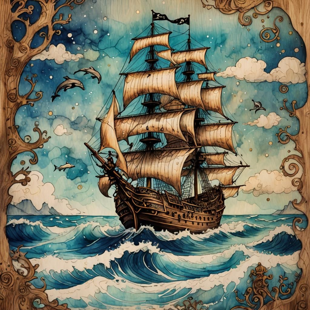 Pirate Ship Ink Sketch with Klimt Decoration