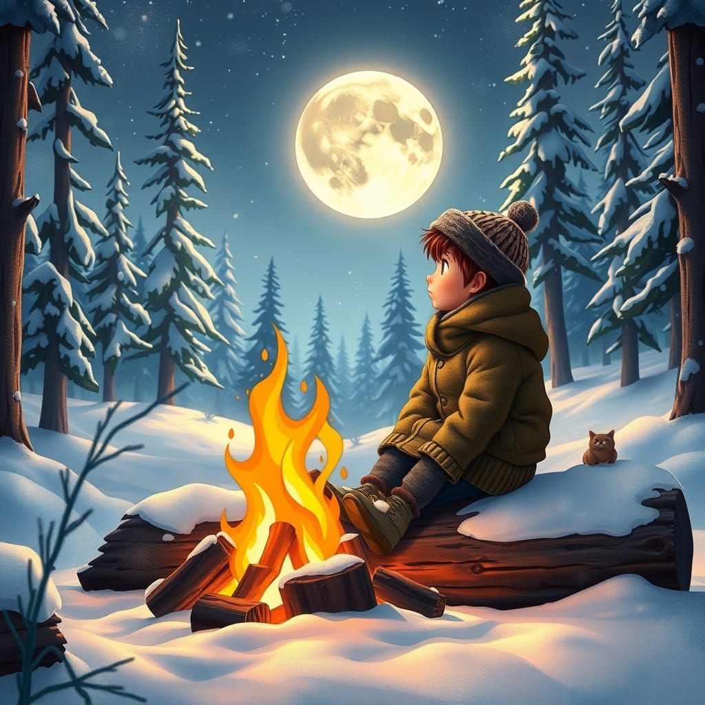 Boy and Cat Under Winter Moonlight: Whimsical 3D Anime Scene