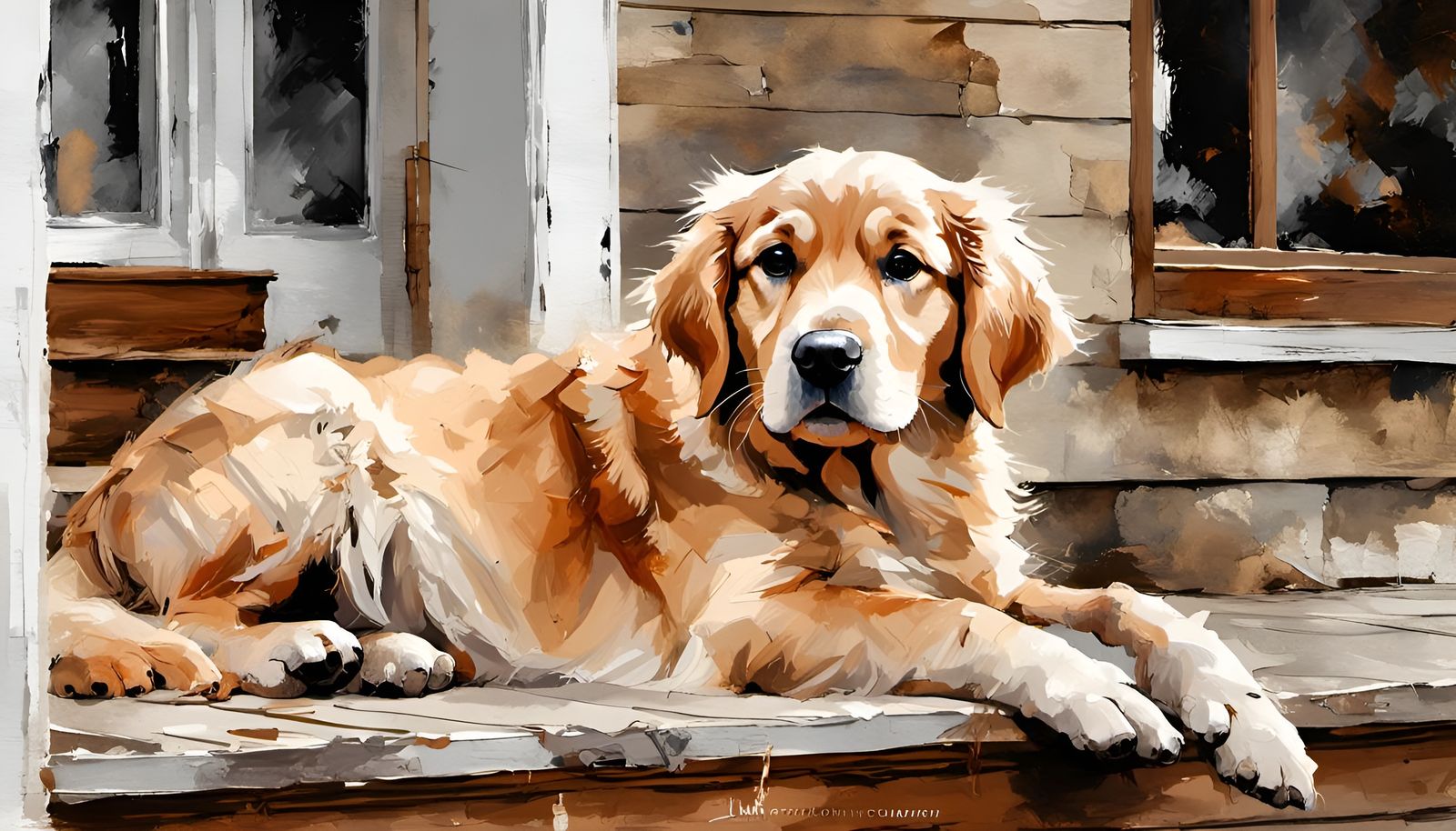 Golden Retriever Puppy on Farmhouse Porch, Oil Painting