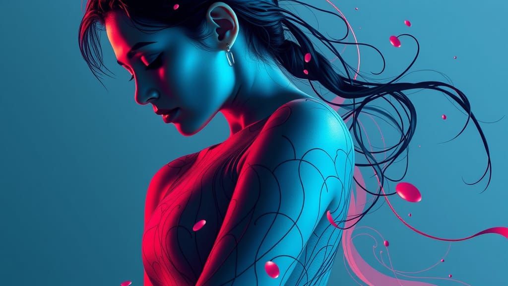 Elegant Woman with Swirling Lines in 3D Rendered Style