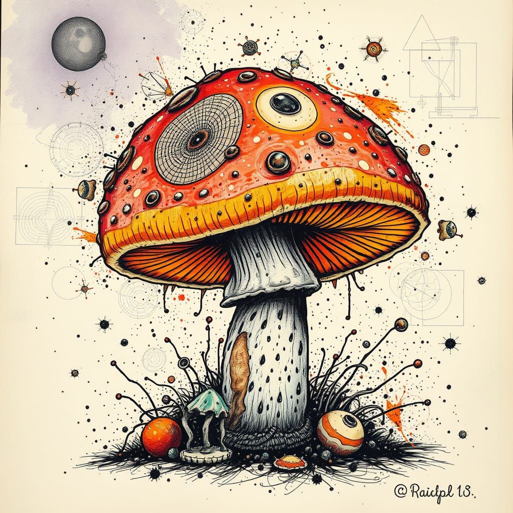Psychedelic Mushroom Ink Drawing in Fractal Colors