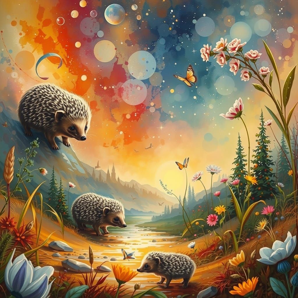 Hedgehog Family in Wildflower Meadow, Watercolour Art