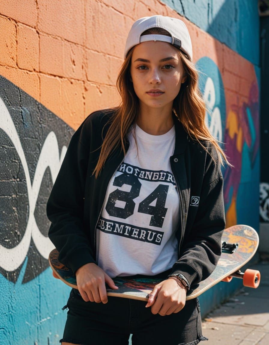 Skater Girl Portrait in Vibrant Street Art Style