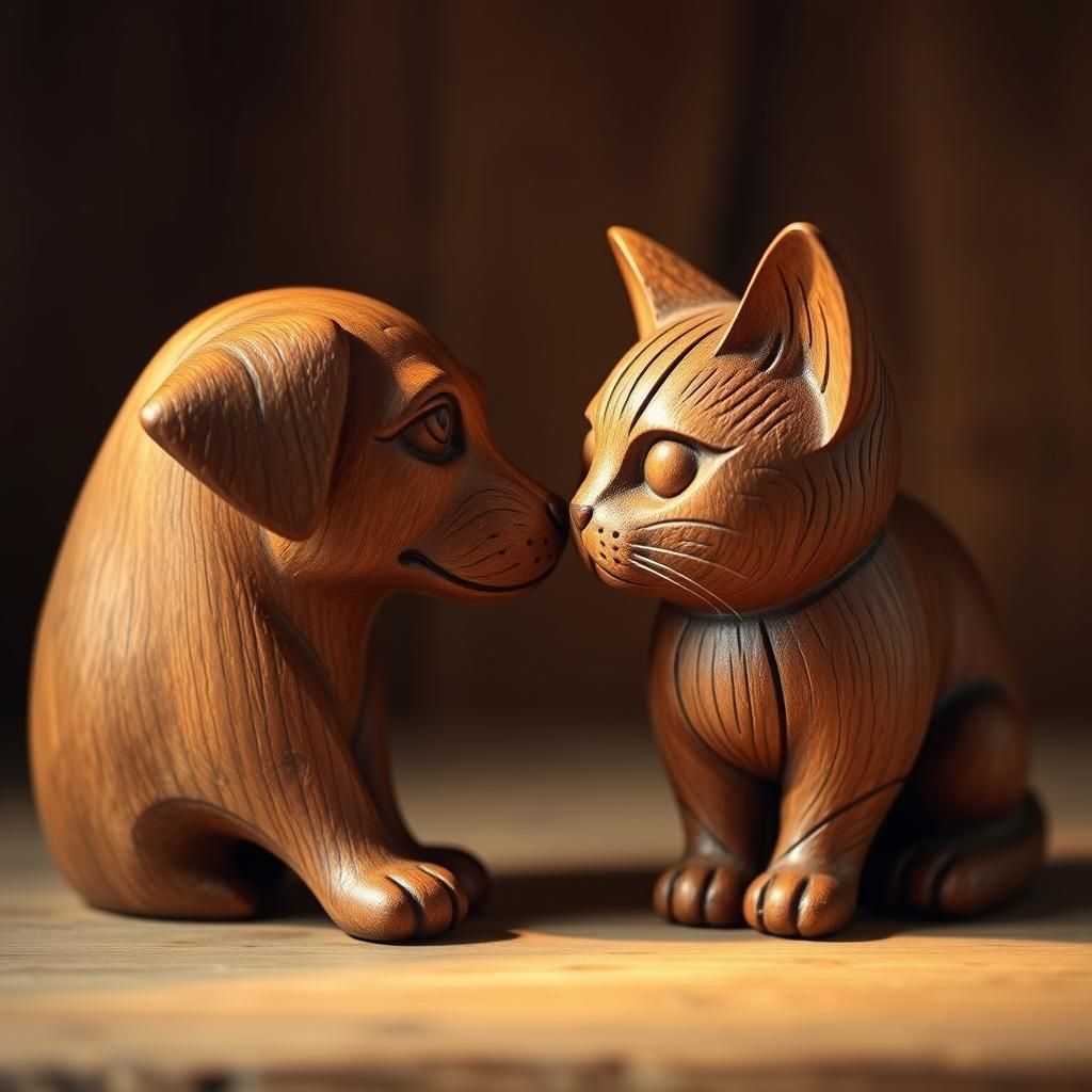 Dog and Cat Wood Figurines in Warm Light