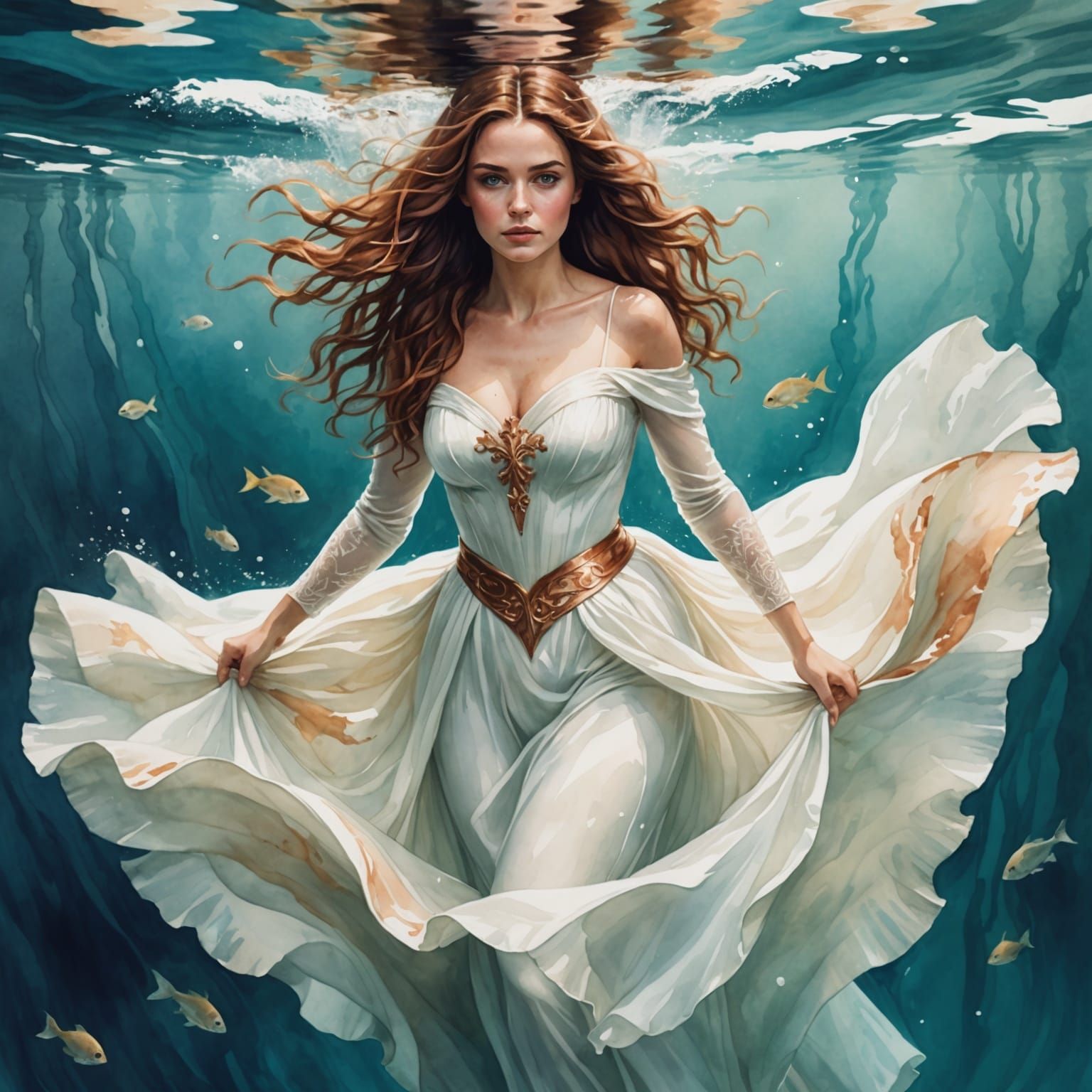 Watercolor Woman Swimming Underwater in White Gown