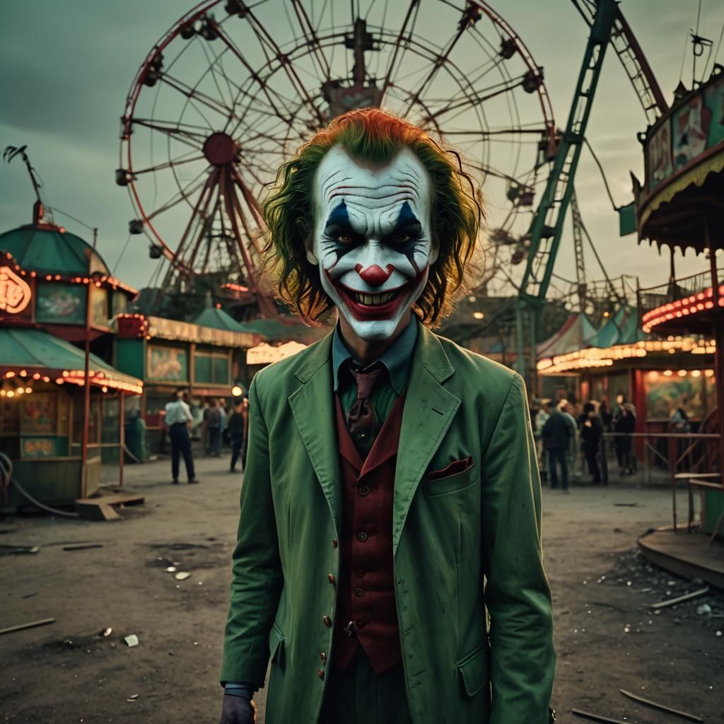 Joker in Abandoned Amusement Park: Cinematic Still