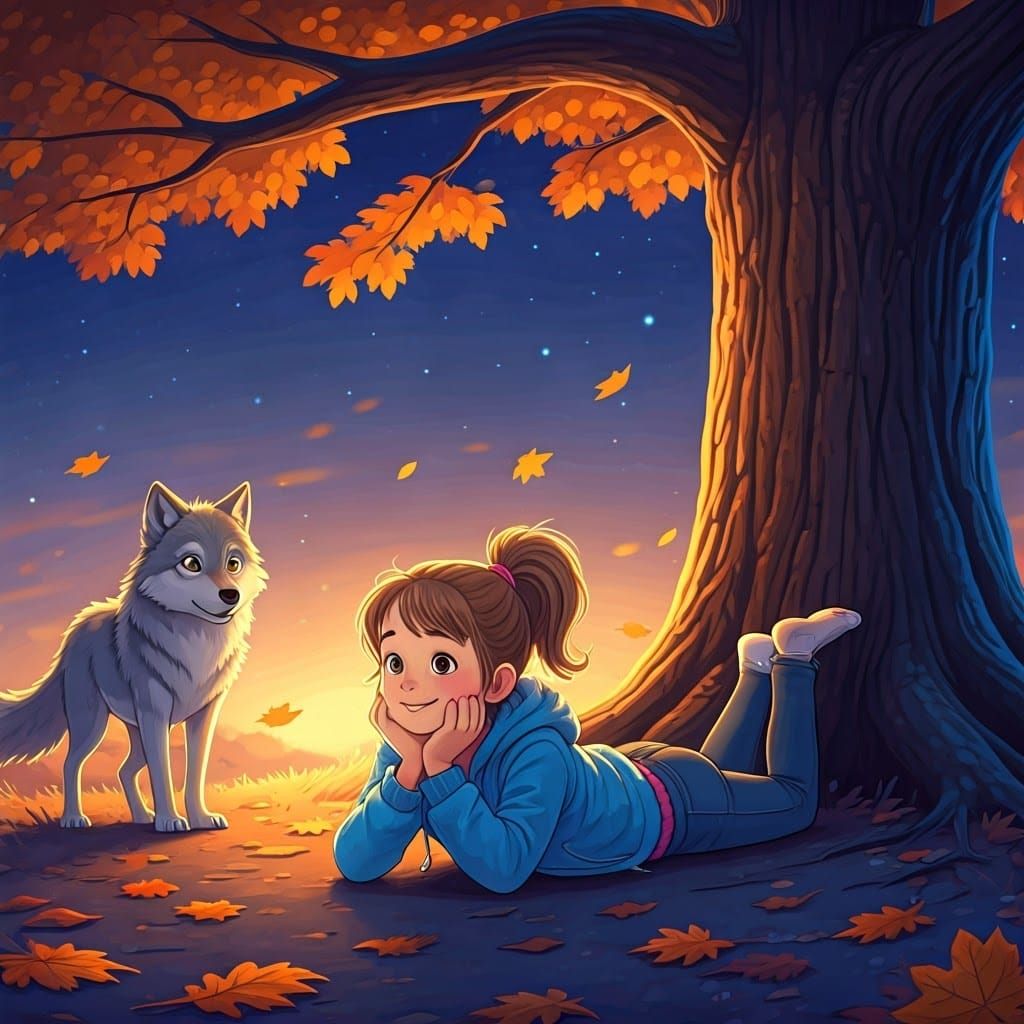 Girl and Wolf Under Autumn Moon, Cartoon Style
