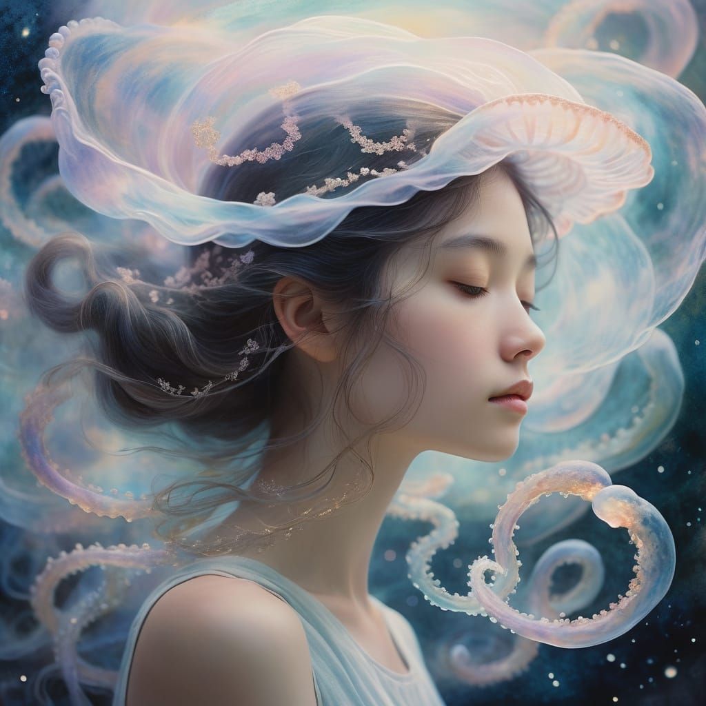Surrealism in Soft Focus: Serene Jellyfish Woman in a Sea of...