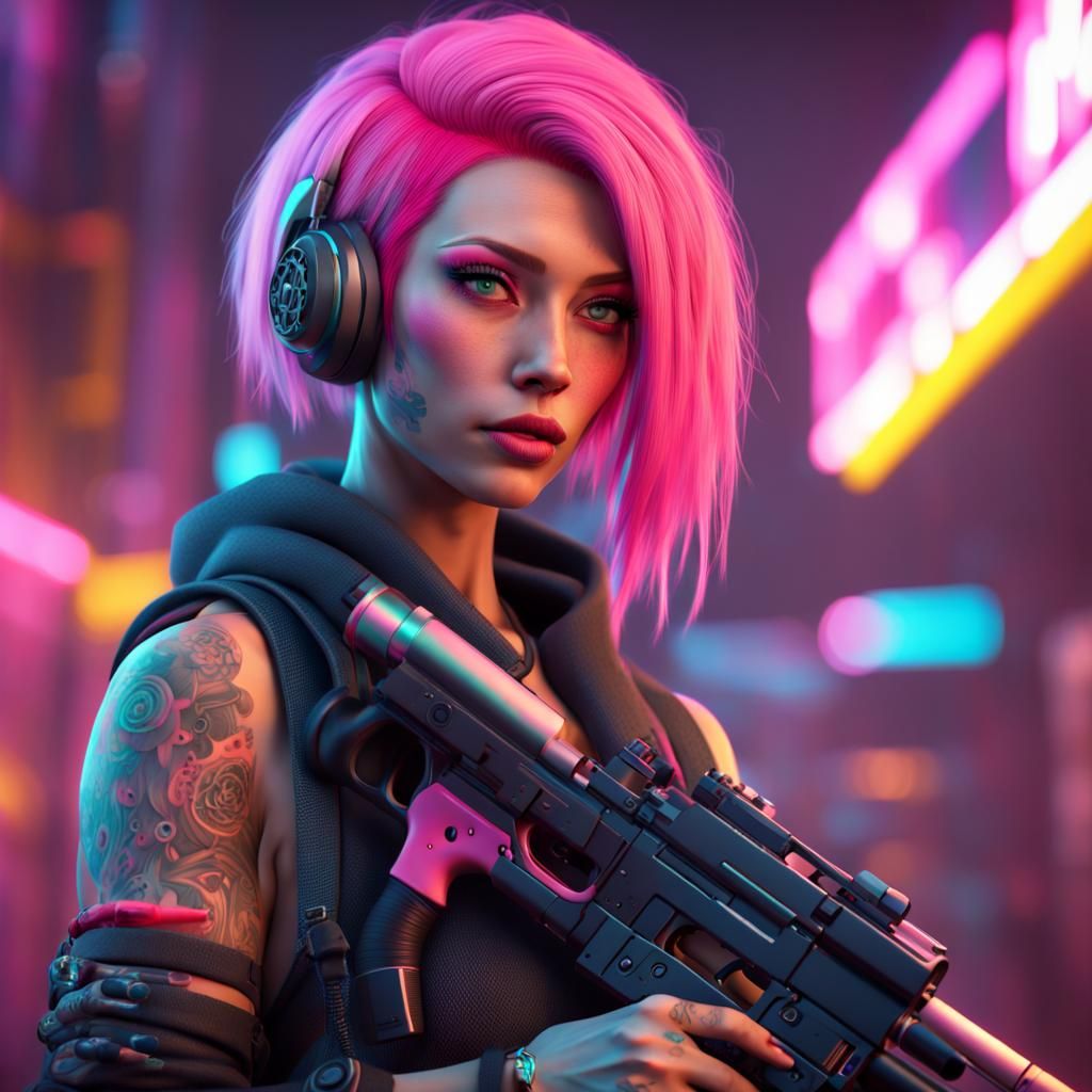 Cyberpunk Girl with Machine Gun in 3D