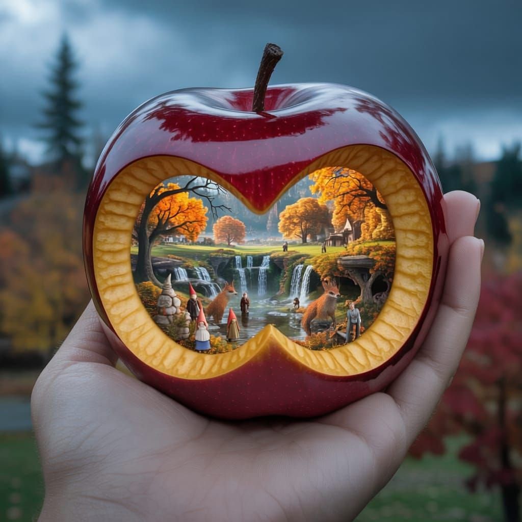 Autumn Village Inside Poison Apple Held by Dark Snow White