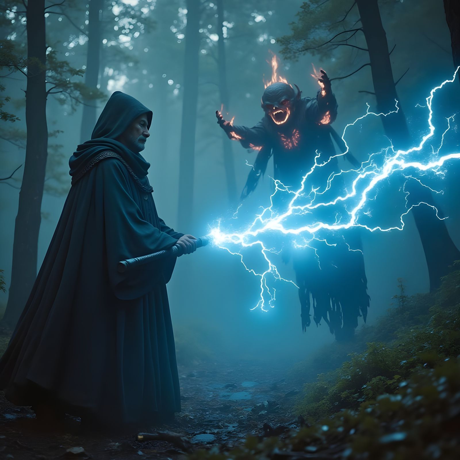 Epic Neo-Cyberpunk Wizard Battles Fiery Demon in Foggy Fores...