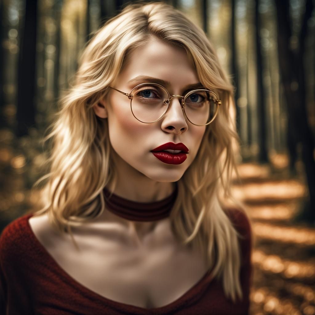 Realistic Blonde Woman With Glasses in Forest