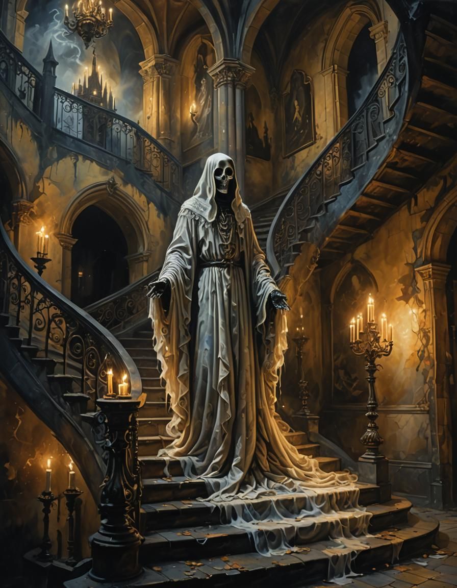 Ghostly Figure in Gothic Castle, Oil Painting